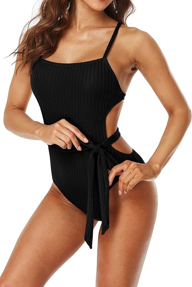 Sociala Sexy One Piece Swimsuits for Women Ribbed High Cut Bathing Suits Cutout Swimwear Monokini | Amazon (US)