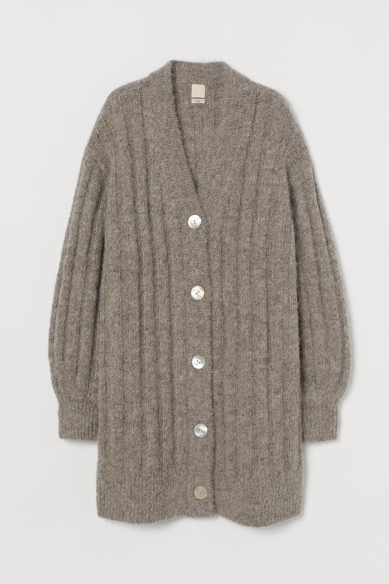 Long, rib-knit cardigan in a soft alpaca wool and wool blend. V-neck, shell buttons at front, dro... | H&M (US)