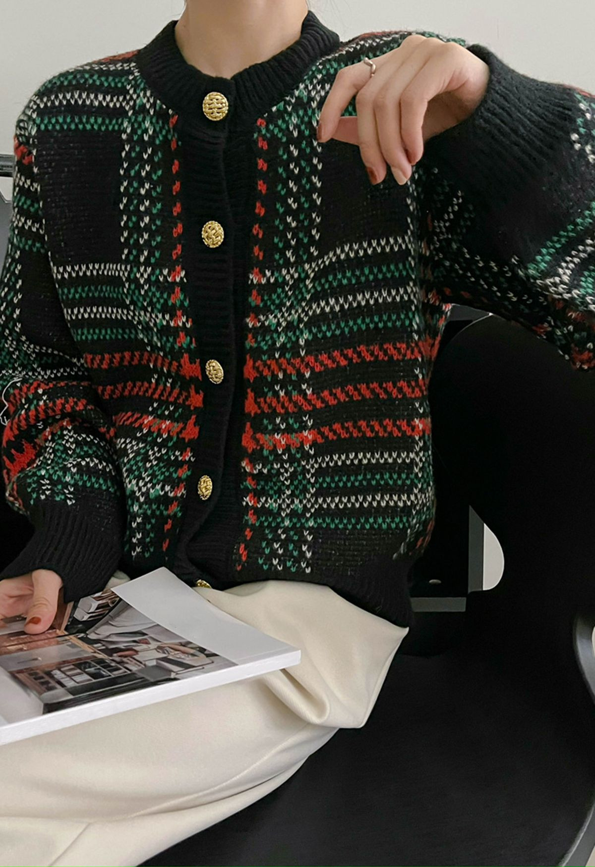 Plaid Pattern Golden Button Knit Cardigan | Chicwish