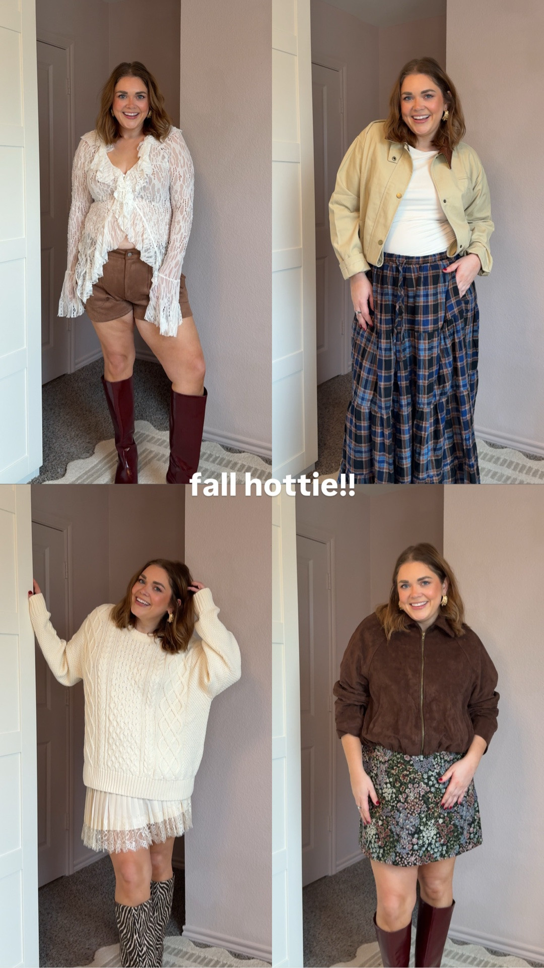 Fall hottie outfits wearing large in all tops and sweater, 15 in suede shorts, size 1 in plaid skirt, 14 in floral skirt, and large in lace skirt. 32 in baggy jeans.

#LTKootd #LTKgrwm #LTKMidsize