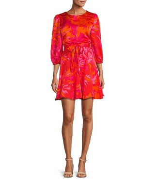 Floral Print Crew Neck Long Balloon Sleeve Mini Dress | Dillard's