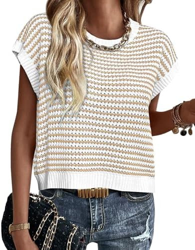 PRETTYGARDEN Womens Short Sleeve Sweater Spring Summer 2026 Round Neck Striped Pullover Cap Sleev... | Amazon (US)