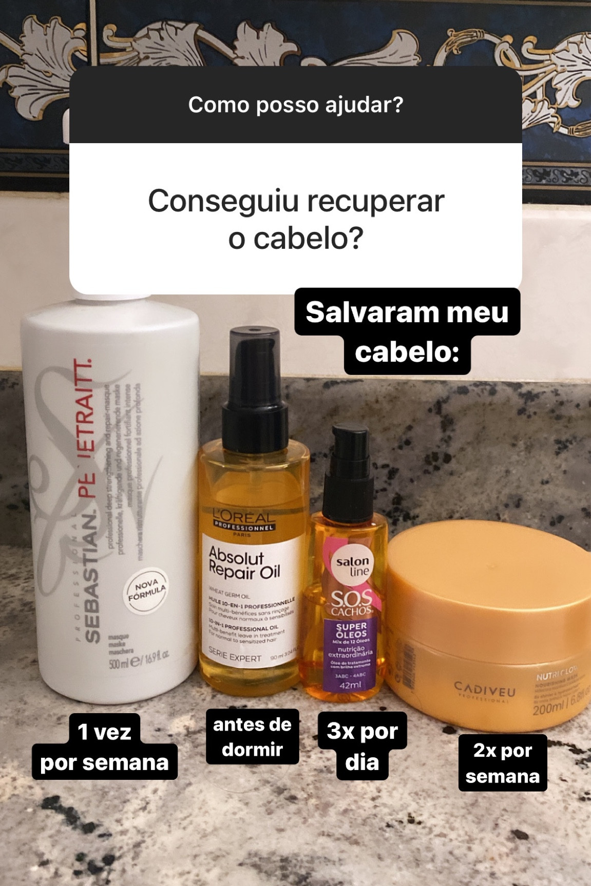 Meu cabelo estava ressecado e quebrando inteiro após um procedimento errado no salão de beleza. A reconstrução 1 vez por semana ajudou com a quebra e os óleos ajudaram a maciez e recuperar o brilho. a nutrição recuperou a beleza do cabelo. 