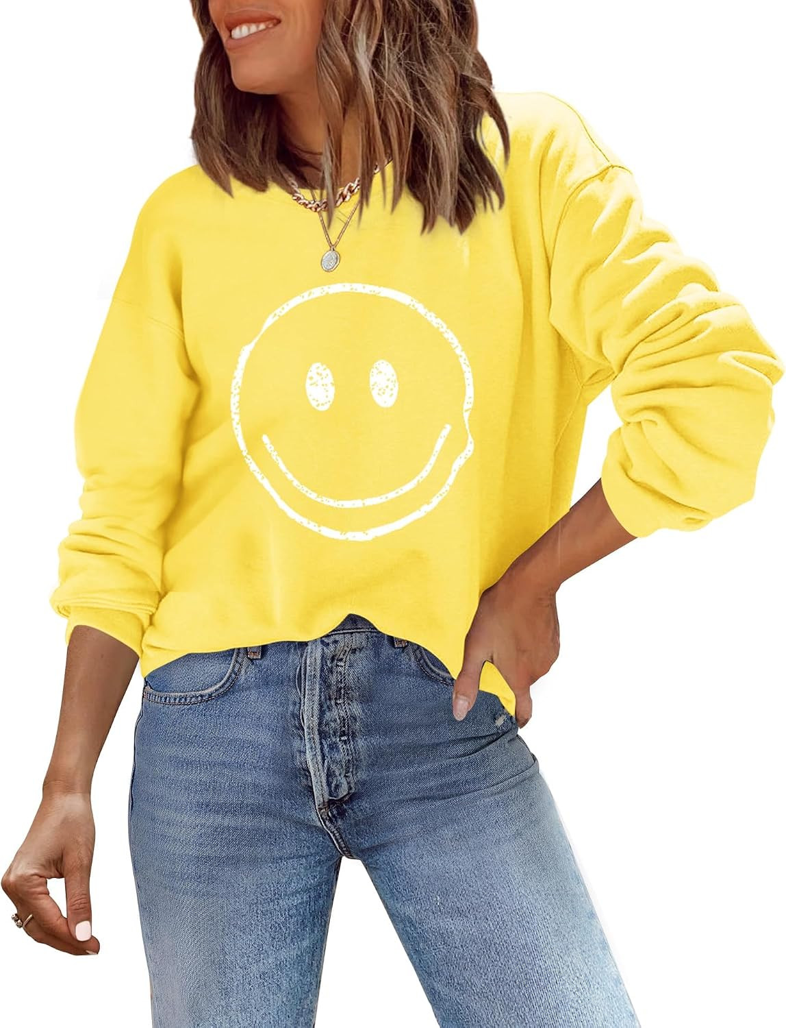 ReachMe Womens Smile Face Sweatshirt Cute Trendy Graphic Sweatshirts Casual Loose Long Sleeve Crewneck Pullover Tops | Amazon (US)