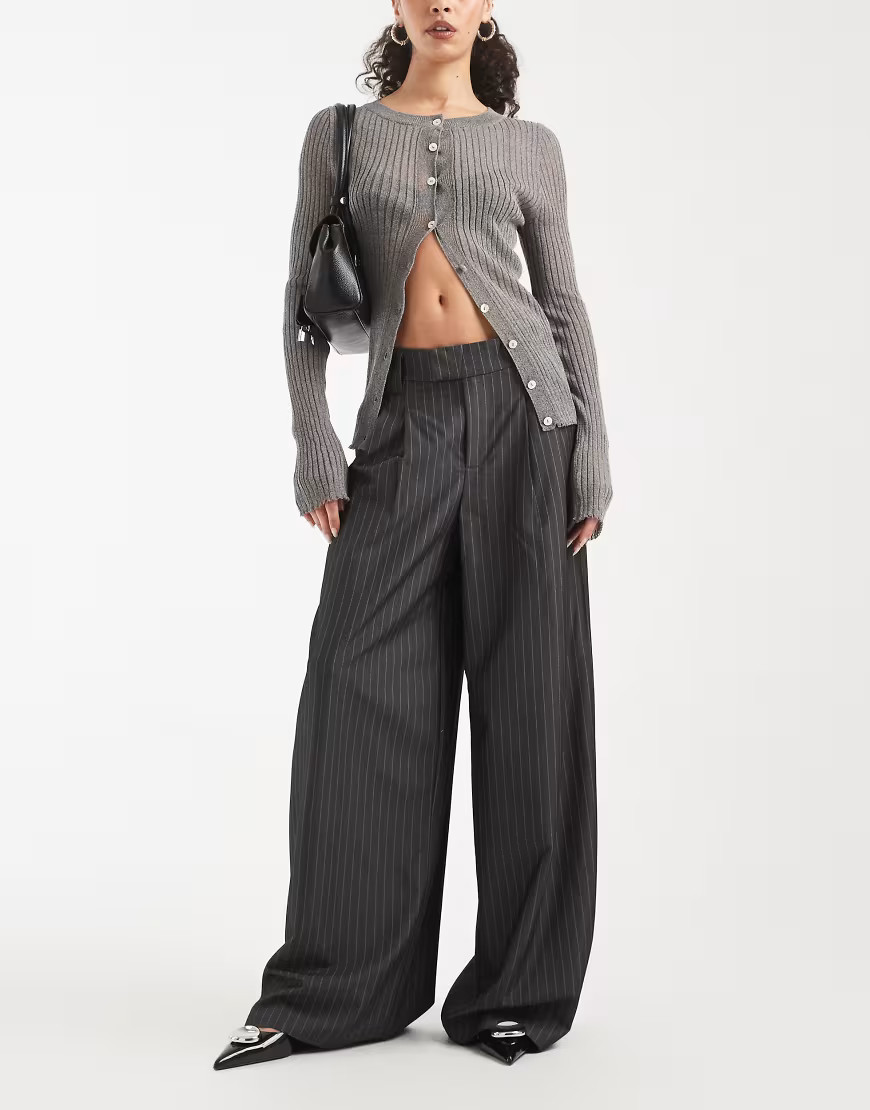 ONLY wide leg tailored trousers in dark grey pinstripes | ASOS (Global)