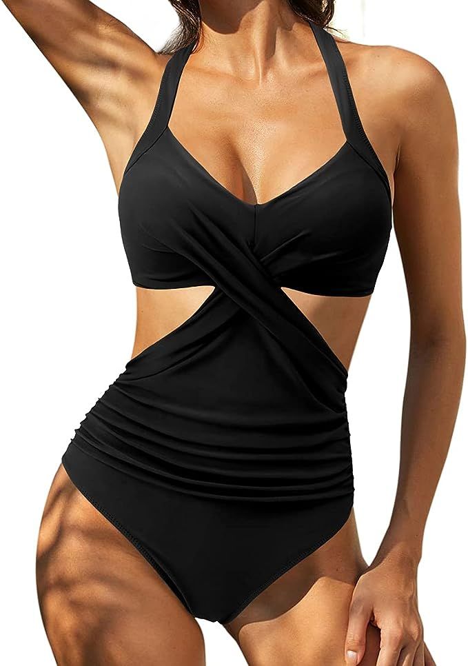 RUUHEE Women Criss Cross Halter One Piece Swimsuit Ruched Tummy Control Tie Back Bathing Suits | Amazon (US)