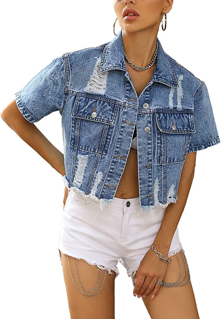 Womens Short Sleeve Denim Jacket Lapel Button Down Cropped Trucker Jean Jackets Coats | Amazon (US)