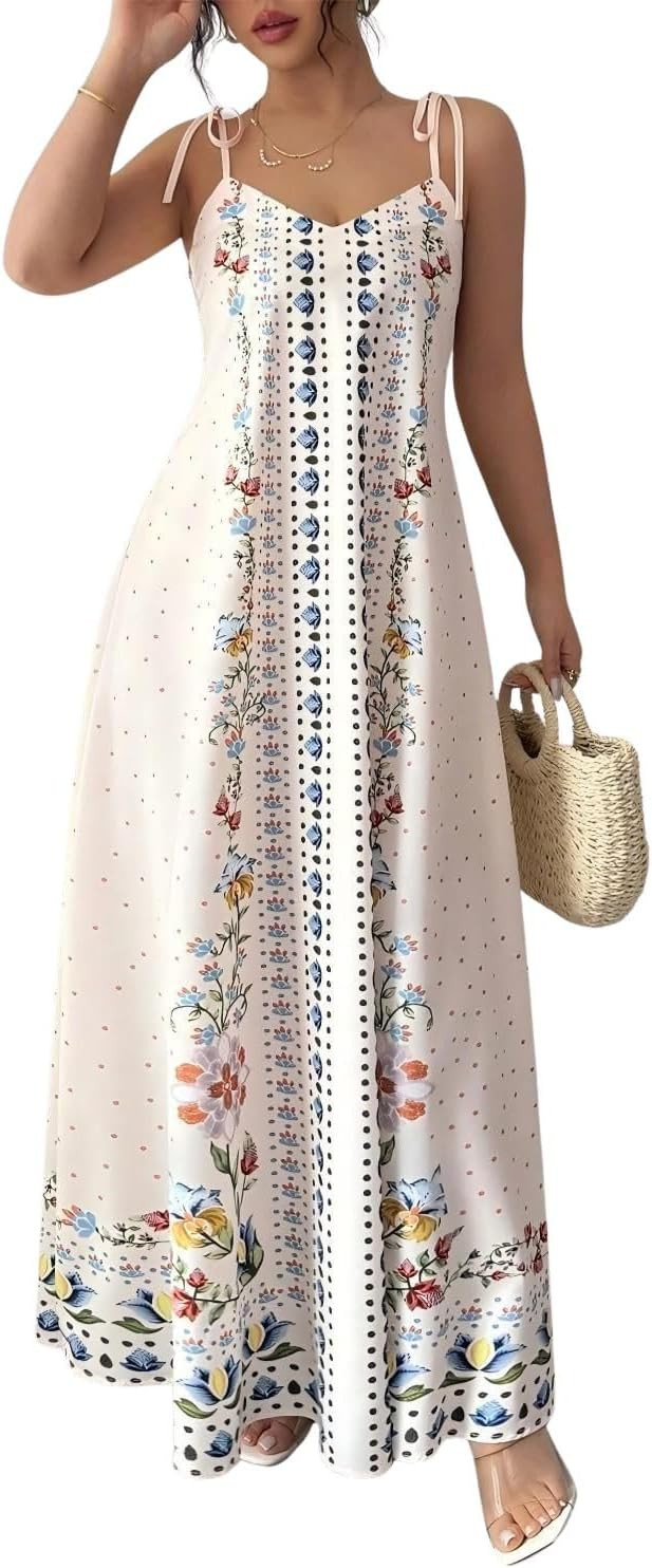 Women's Floral Print Maxi Dress Boho V Neck Spaghetti Strap A-Line Summer Beach Long Dress | Amazon (US)