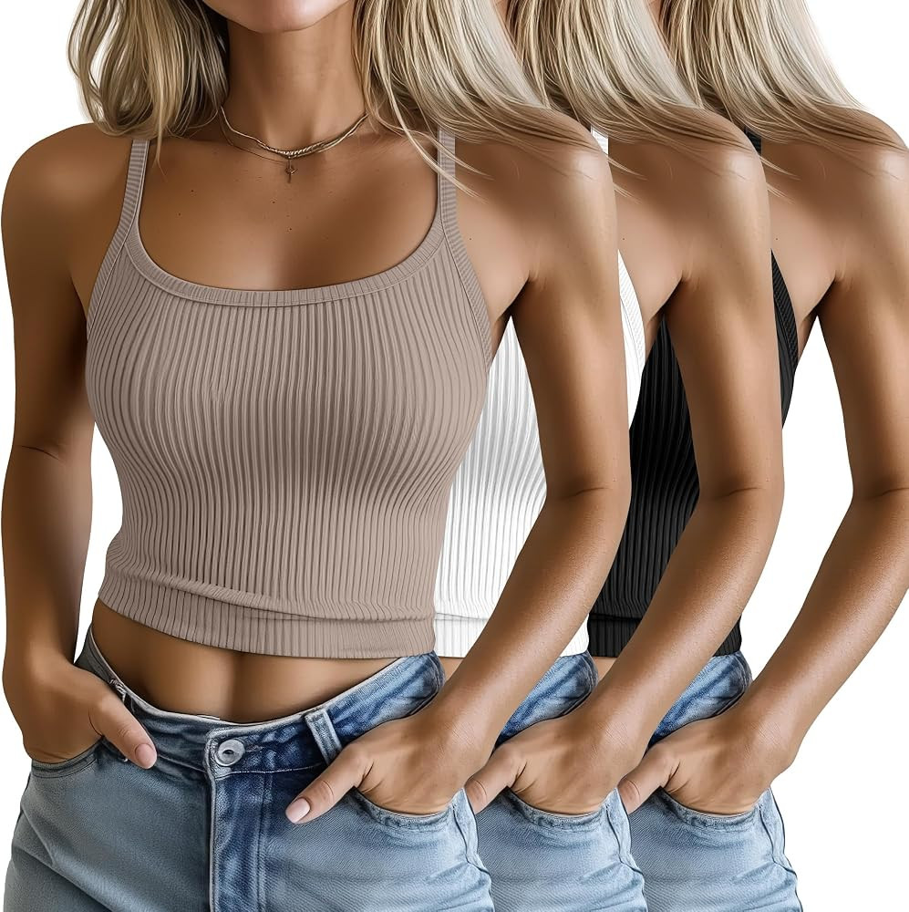 Ficerd 3 Pack Women's Tank Tops 95% Cotton Spaghetti Strap Ribbed Crop Camisole Slim Fitted Basic... | Amazon (US)
