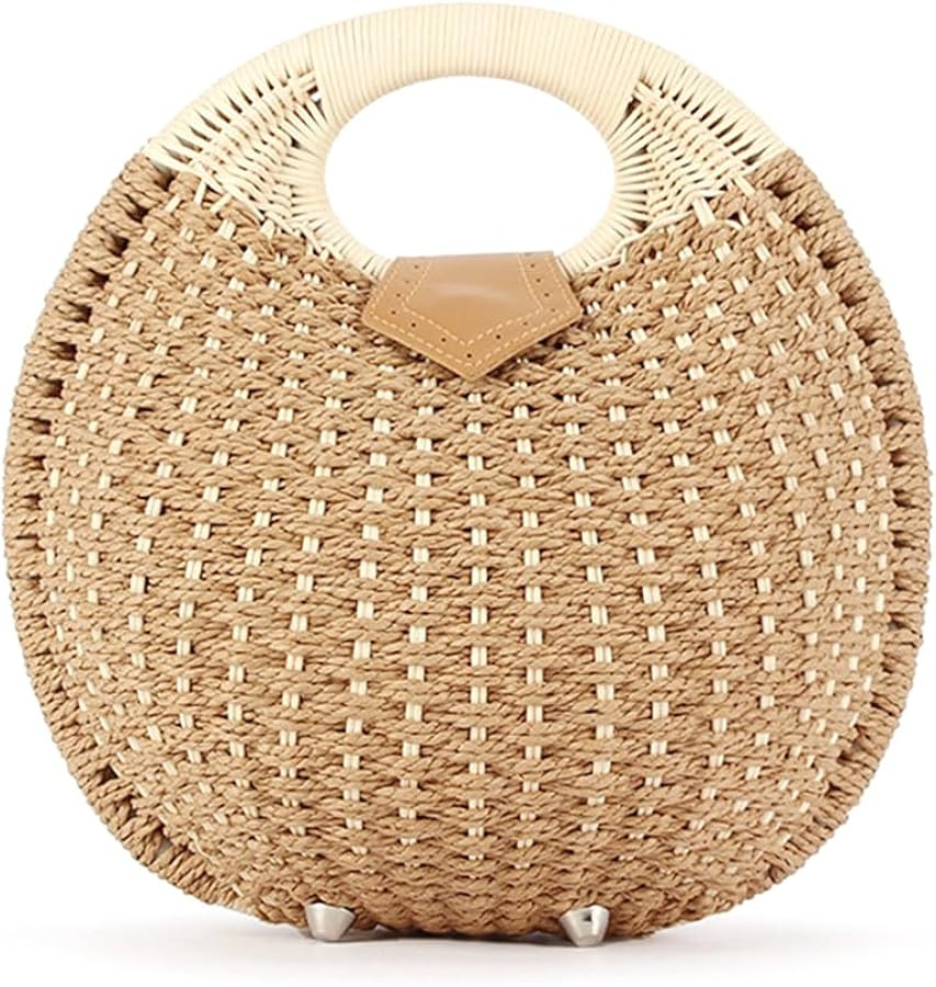 Women's Straw Handbag Handmade Woven Shell Bag Summer Beach Rattan Tote Bag Round Handle Ring Str... | Amazon (US)