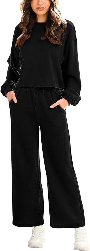 ANRABESS Women’s Two Piece Outfits Long Sleeve Crop Top Wide Leg Pants Knit Sweatsuit Loungewea... | Amazon (US)