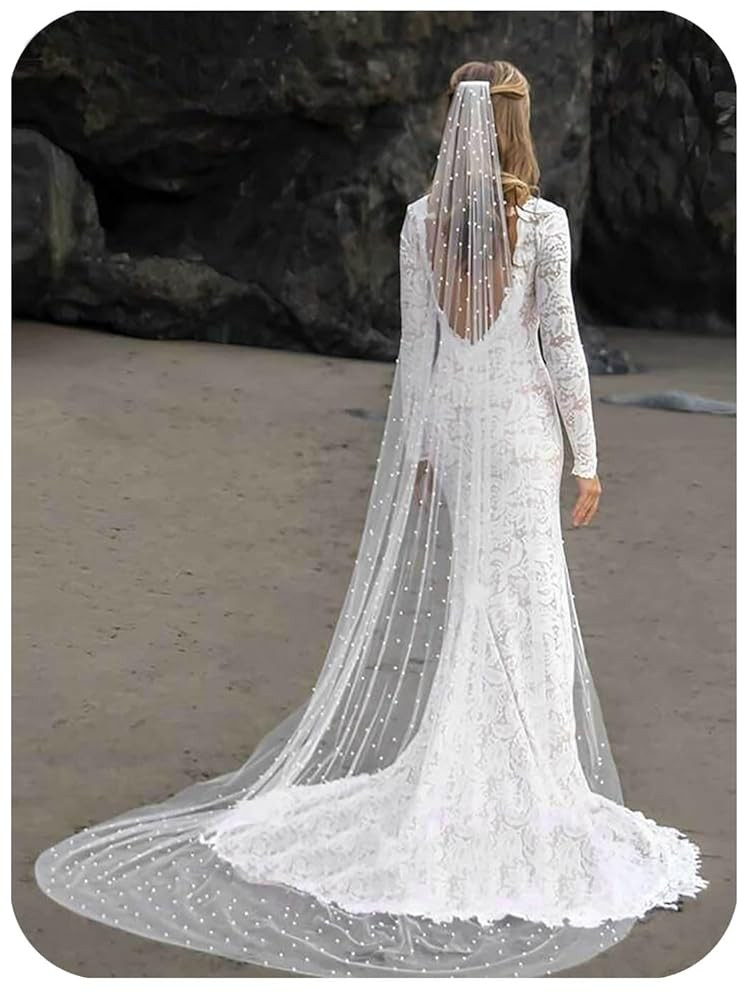 Cathedral Wedding Veils Long Pearl Bride Veil with Comb White Lace Brides Hair Accessories 1 Tier... | Amazon (US)