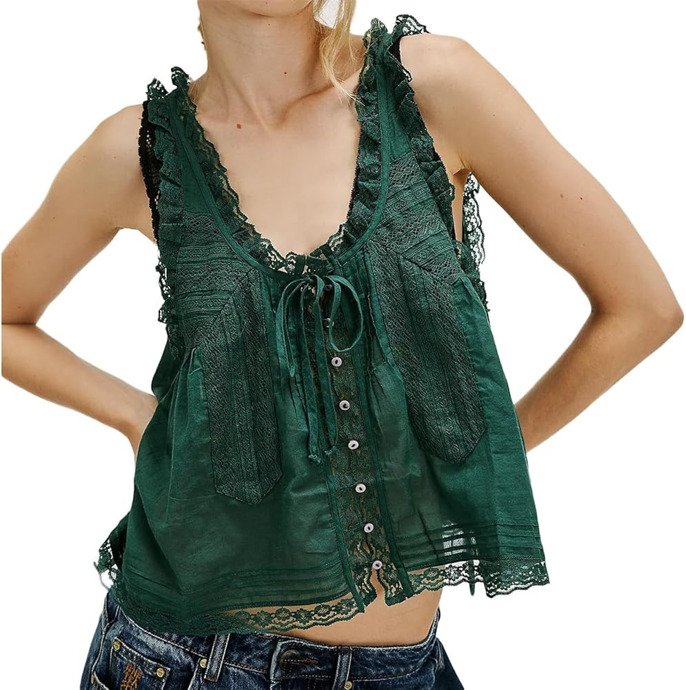 Women Tie Front Crop Top - Lace Trim Semi Sheer Tank Top with Button Front, Summer Sleeveless Cam... | Amazon (US)