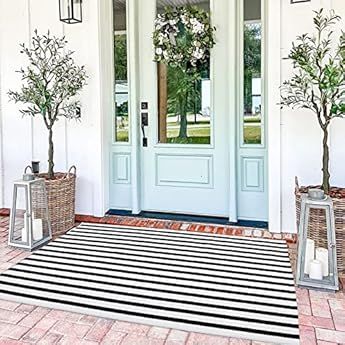 Collive Black and White Striped Outdoor Rug 3x5, Front Porch Rug Washable Farmhouse Cotton Woven Far | Amazon (US)