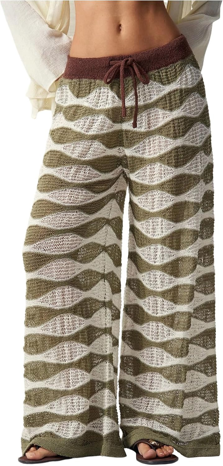 RoseSeek Women's Crochet Wide Leg Pants Striped Beach Palazzo Trousers | Amazon (US)