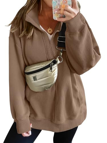ANRABESS Women Long Sleeve Polo V Neck Split Casual Loose Fit 2025 Fall Tunic Pullover Sweatshirts with Pockets Light Brown Small | Amazon (US)