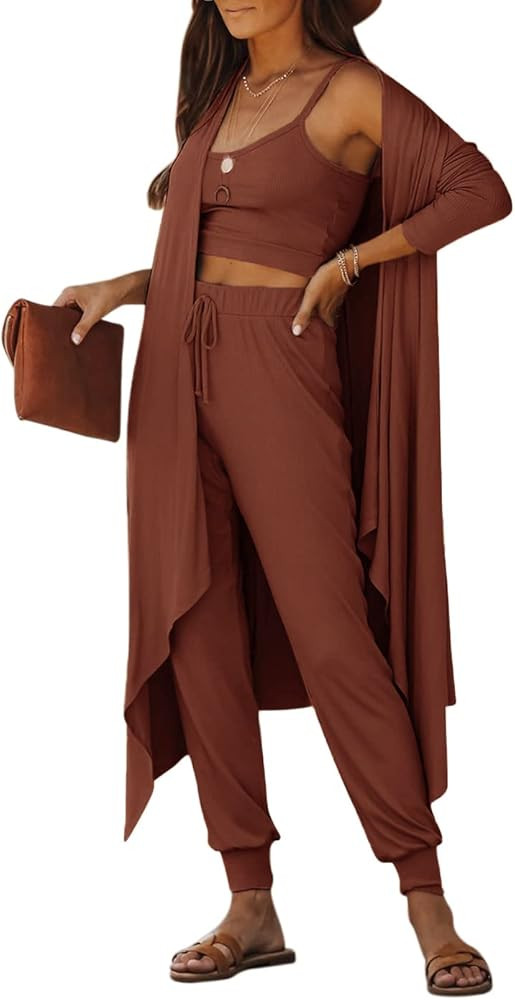 Women's 3 Piece Outfits Tracksuit Fall Winter Crop Top Cardigan and Wide Leg Long Pants Jumpsuit Two | Amazon (US)