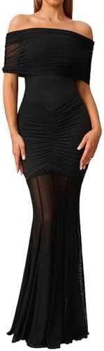 HTZMO Women Sexy Off Shoulder Bodycon Maxi Dress Strapless Ruched Wedding Guest Formal Party Long... | Amazon (US)