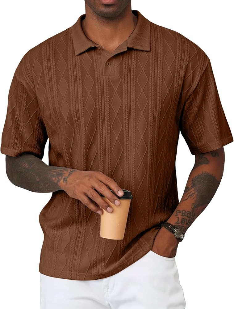 JMIERR Mens Polo Shirt Textured Knit Button Casual Short Sleeve Summer Vacation Beach Stretchy Go... | Amazon (US)