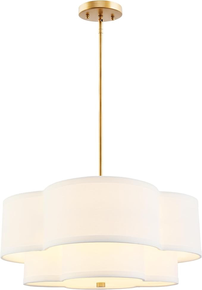 18" Chandelier, 3-Light Gold Pendant Light Fixtures with Dual Layer White Fabric Shade in Quatref... | Amazon (US)