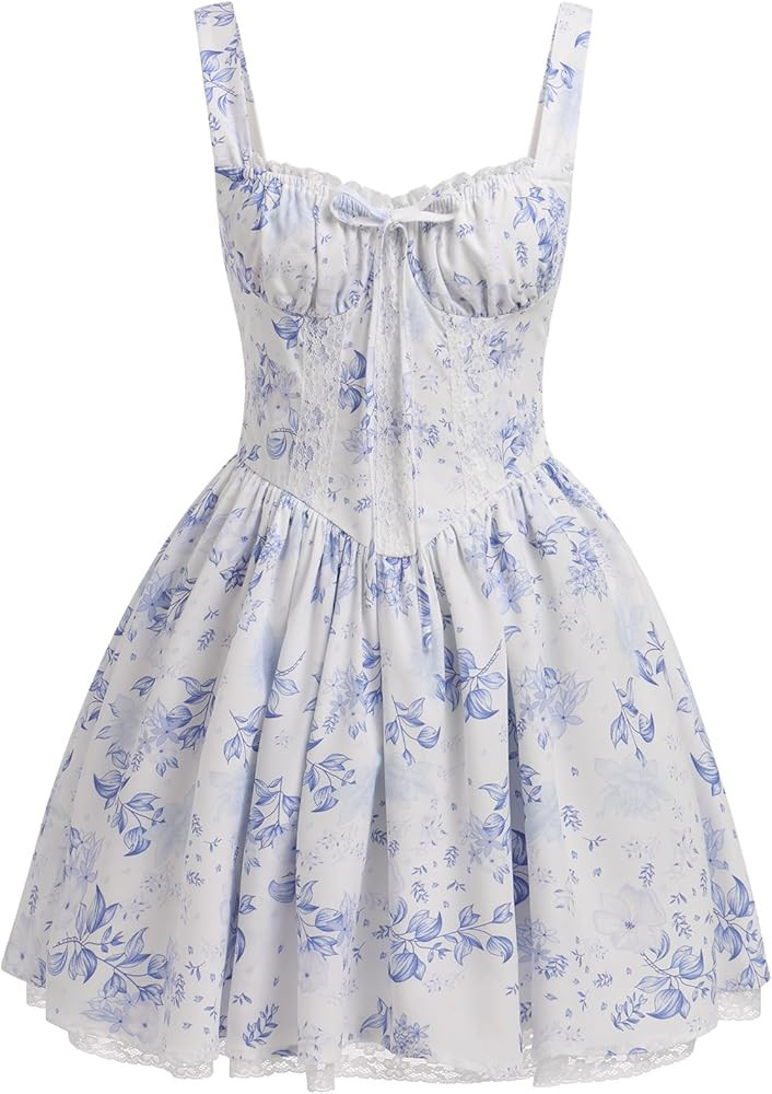 Women Corset Dress Floral Mini Dress Sexy Spaghetti Straps Low Cut Lace Short Dress Ruffle Summer... | Amazon (US)
