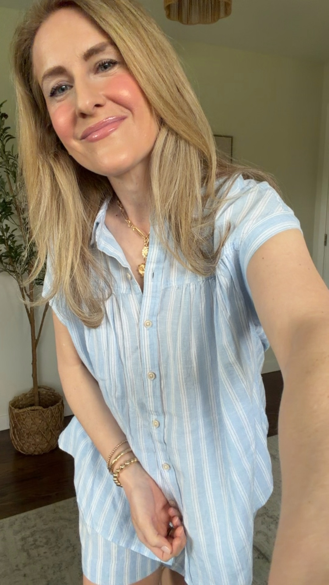 Here are the Walmart linen blend shorts in the blue stripe, these are great for the price. Once it’s 80 degrees or higher I am living in these! I sized up one size to a medium. #walmartfashion