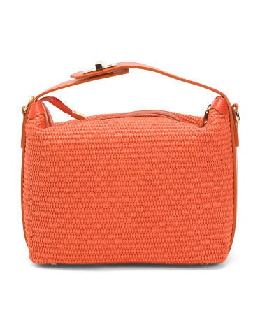 Straw Medium Satchel With Leather Handle, Leather/Gold | TJ Maxx