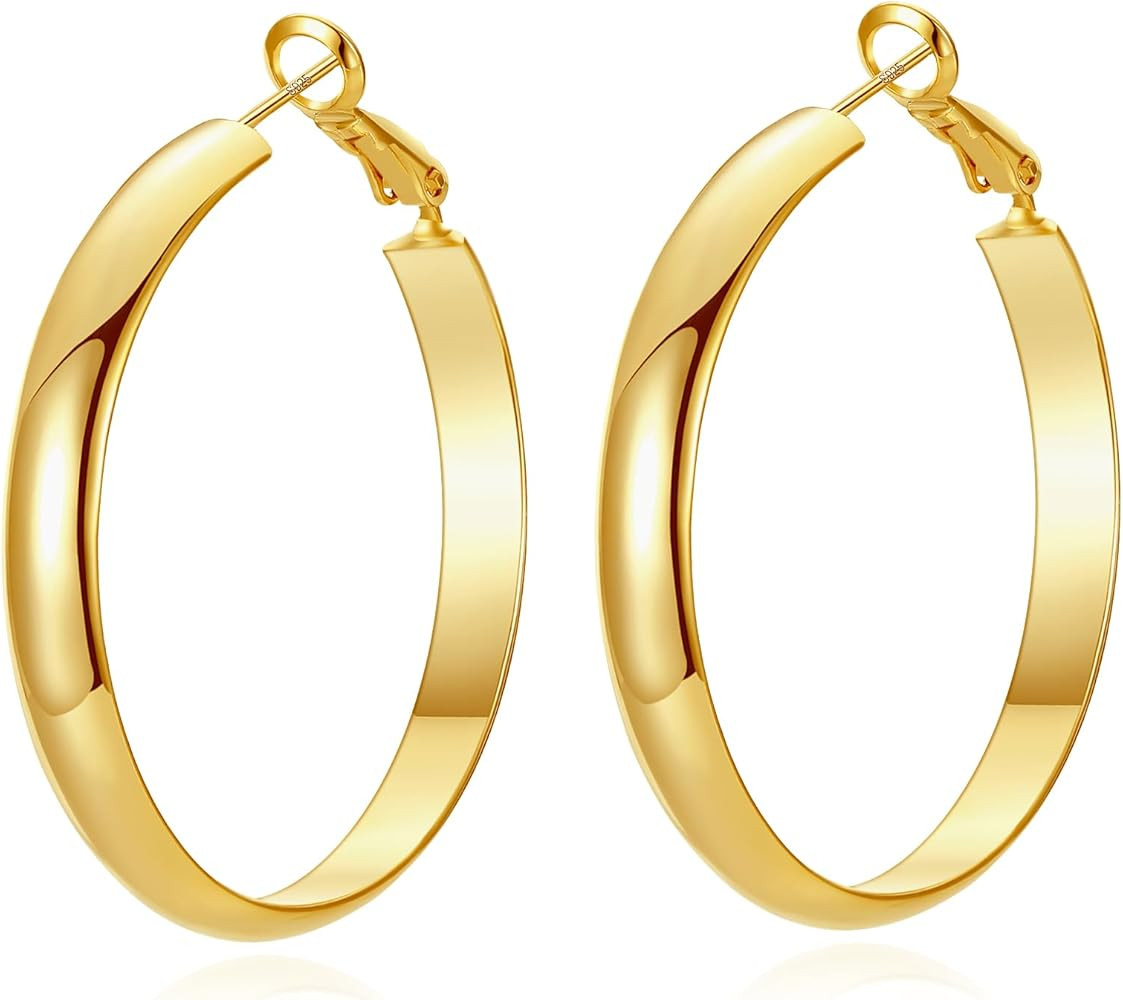 Flat Big Gold Hoop Earrings for Women 14K Real Gold Plated 925 Sterling Silver Post Hypoallergeni... | Amazon (US)