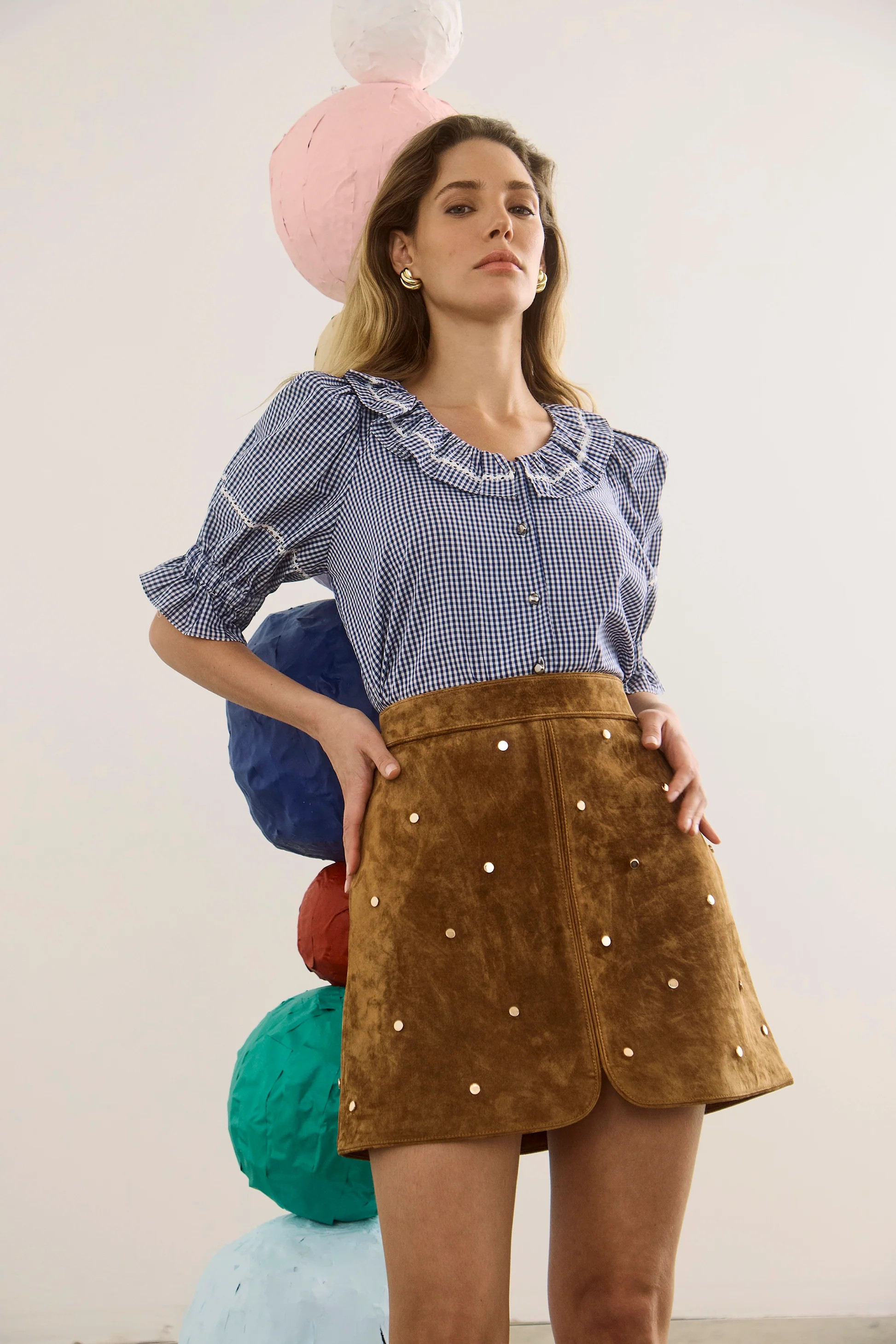 Valene Blouse | Navy Check Puff Sleeve Blouse | Hunter Bell | Hunter Bell