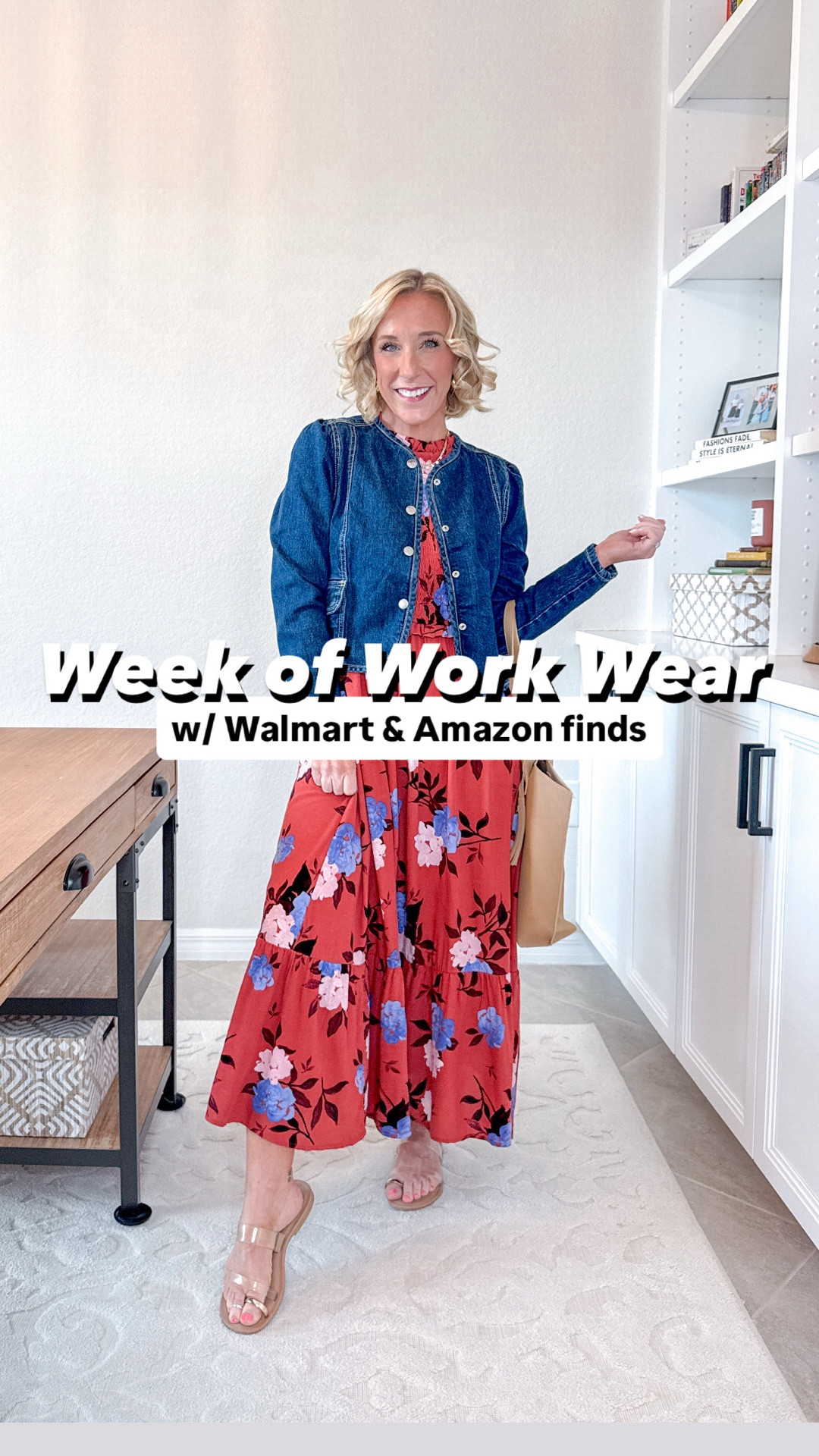 Week of Work Wear:
* 2-piece set from beginning - size small  
1. MONDAY: Smocked Bodice Midi Woven Dress - size XS. $26.98 3 colors.
• Cropped collarless denim jacket - size XS. $32. 
2. TUESDAY: Crepe Scrunch Sleeve Blazer - size XS. $38. Comes in 3 colors. 
• Cream wide leg trousers - size small; short. 
• Tan tank - size small. 
3. WEDNESDAY: Textured sweater tee w/ puff sleeves - size XS. $22. 3 colors. 
• Pleated polka dot skirt - size small. 
4. THURSDAY: Short sleeve cardigan - size XS. $17.98. 5 colors. 
• Crop flare yoga work pants - size small, 27” inseam. 
5. FRIDAY: Denim shirt w/ ruffle - size XS. $22.
• Leopard pants - size XS; regular length. 50% off + an extra 10% off I. The cart. 

* teacher outfit, teacher clothes, teacher style, office outfit. 

#LTKSeasonal #LTKWorkwear #LTKOver40