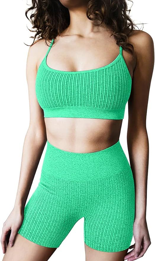 OQQ Workout Outfit for Women 2 Piece Ribbed Seamless High Waist Shorts With Sport Bra Activewear ... | Amazon (US)