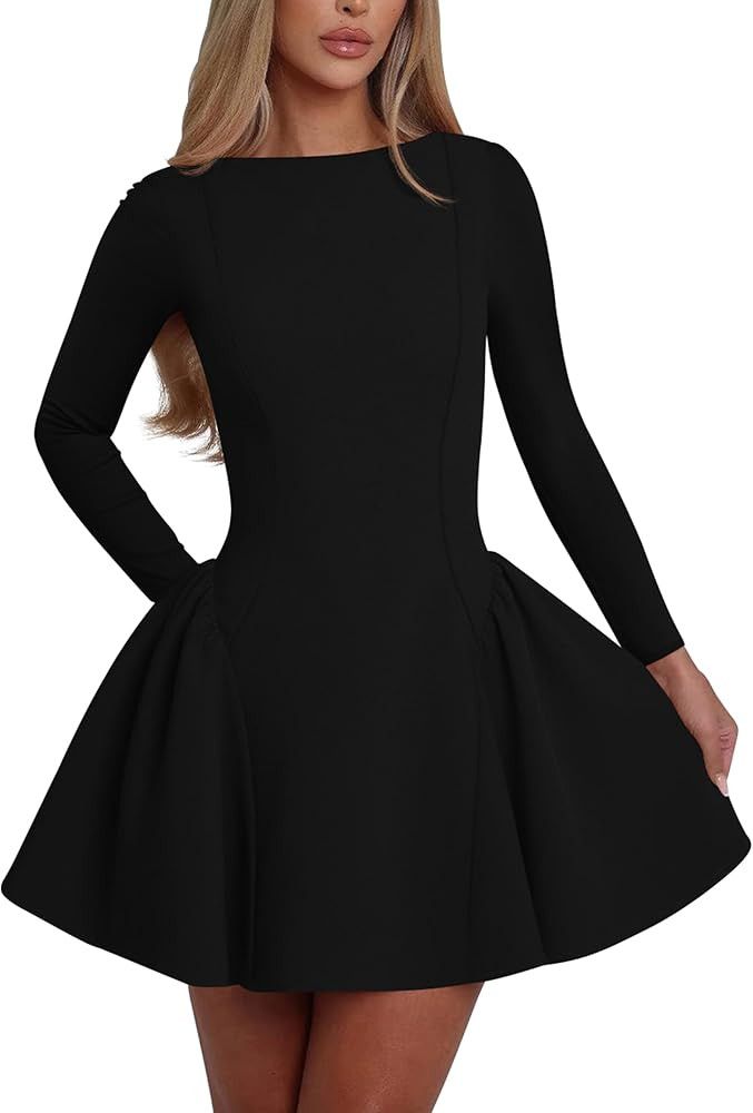 YMDUCH Women's Elegant Long Sleeve Crew Neck Backless A-line Mini Party Prom Dress | Amazon (US)