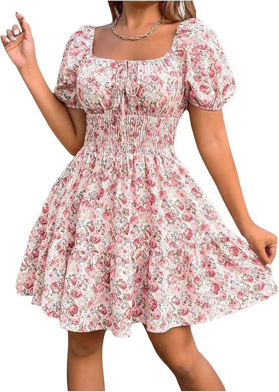 Floerns Women's Boho Square Neck Puff Short Sleeve Self Tie Front A Line Dress | Amazon (US)