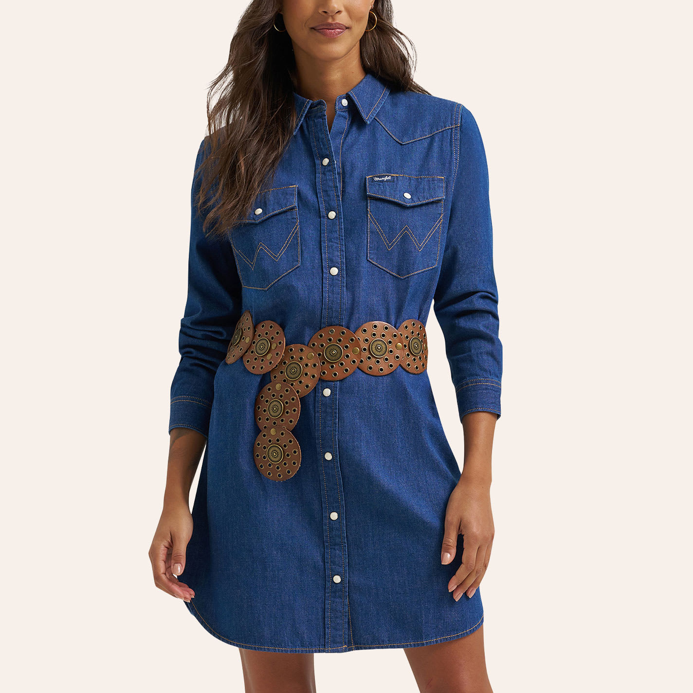 Wrangler Women's Dark Wash Denim Relaxed Long Sleeve Pearl Snap Western Shirt Dress - S - From Cavender's | Cavender's