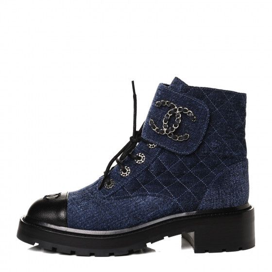 CHANEL

Shiny Calfskin Velvet Quilted Lace Up Combat Boots 39 Blue Black | Fashionphile