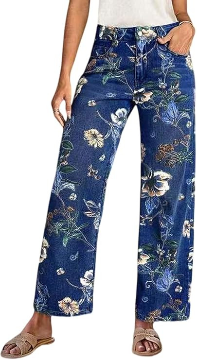 yoeasy Women's Straight Leg Jeans High Rise Vintage Floral Printed Wide Leg Trendy Stretchy Baggy... | Amazon (US)