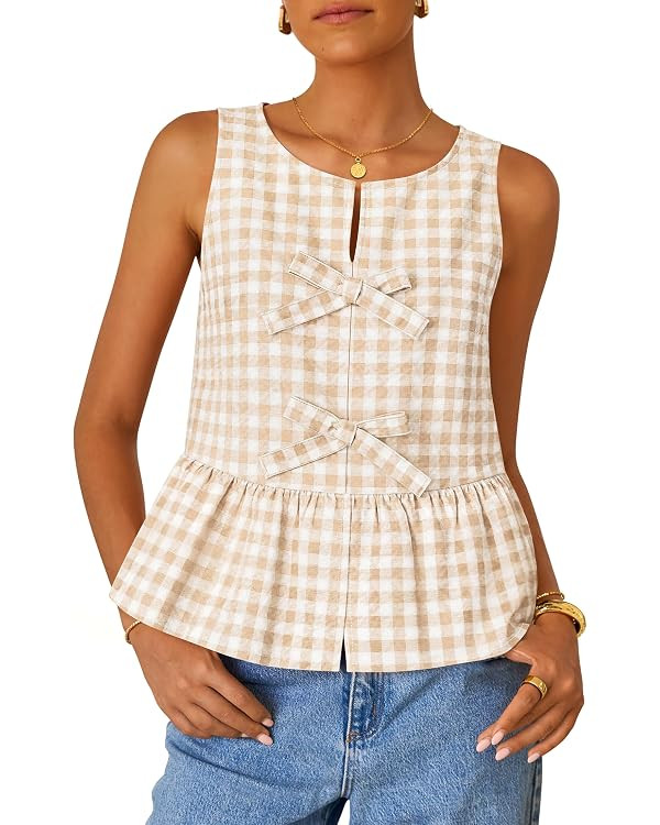 ZESICA Women's Summer Sleeveless Gingham Tank Tops 2026 Crewneck Tie Front Top Loose Ruffle Peplu... | Amazon (US)