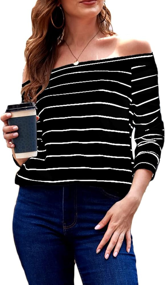 Newchoice Women's Off The Shoulder T-Shirt Casual Long Sleeve Boat Neck Blouse Tops | Amazon (US)