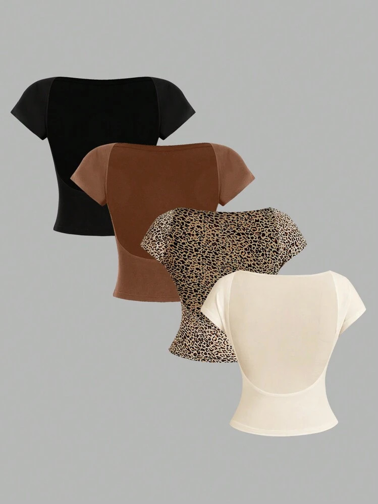 SHEIN Essnce 4pcs Casual Minimalist Round Neck Slim Fit Backless Hollow Women T-Shirts, Suitable ... | SHEIN