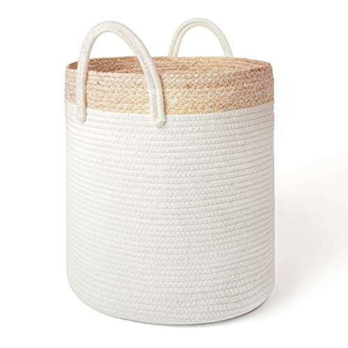 Woven Basket Rope Storage Basket - Large Cotton Organizer 16 x 14 x 14 Inches, Natural and Safe For Baby and Kids, Two-Tone Woven Organizer with Corn Skin | Amazon (US)