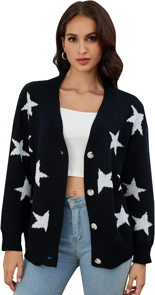 SOLY HUX Women's Button Down V Neck Long Sleeve Cloud Open Front Knit Cardigan Sweater | Amazon (US)