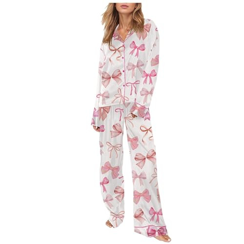 Valentines Pajamas For Women,Womens Pajama Sets Valentines Pajamas For Women,Valentine'S Day Long Sleeve Buttoned Lapel Womens Pajama Sets,Womens Pajama Set,Bow Print Pajamas for Women Set 2#Pink XL | Amazon (US)