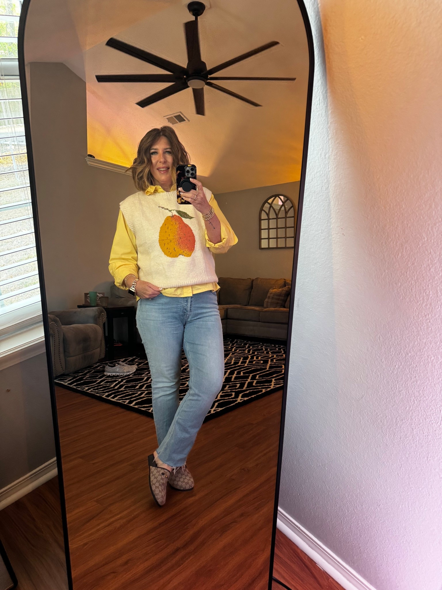Pear for the course 🍐💛

Cozy sweater vest perfect for Spring. 
This repurposed polo ruffle shirt by shoplorihillphoto is so cute. Mother jeans and Gucci slides for this wonderful day. 

Mom style 

#LTKOver40 #LTKmomlife #LTKSeasonal