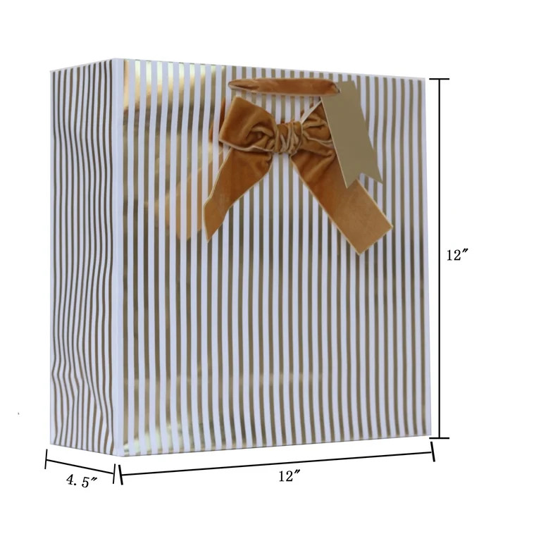 Large White and Gold Stripe Christmas Paper Gift Bag, 12" x 4.5" x 12", by My Texas House | Walmart (US)