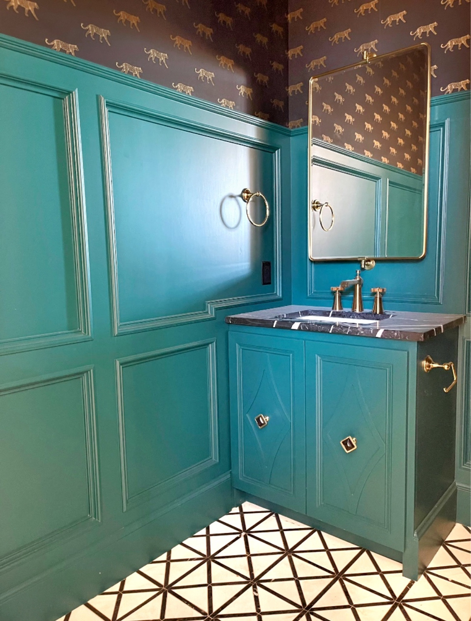 In love with this moody bathroom.  Leopard wallpaper, deep teal paint and striking marble.  Bathroom design

#LTKhome #LTKstyletip