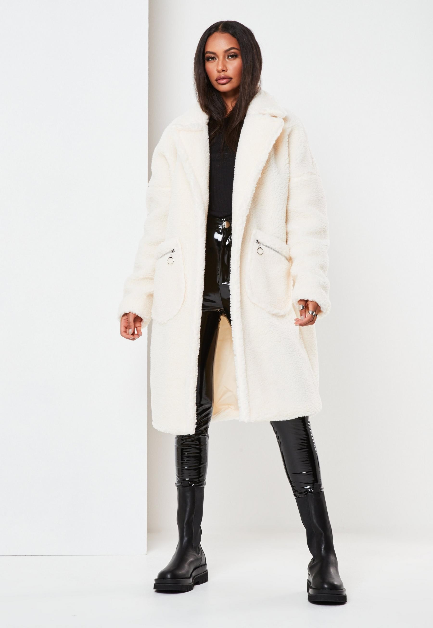 Cream Borg Teddy Zip Pocket Coat | Missguided (US & CA)