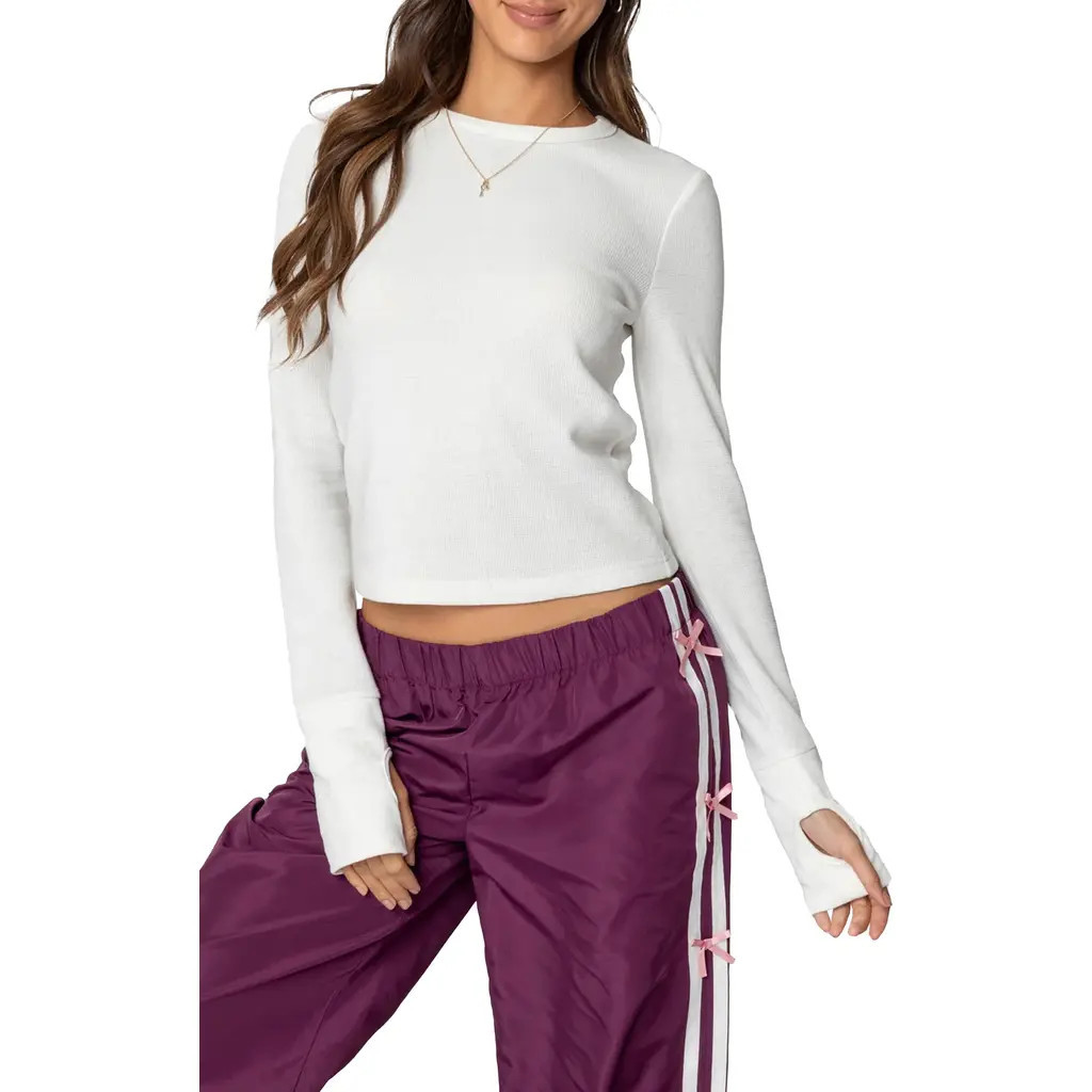 EDIKTED Waffle Knit Long Sleeve Crop T-Shirt in White at Nordstrom, Size Large | Nordstrom
