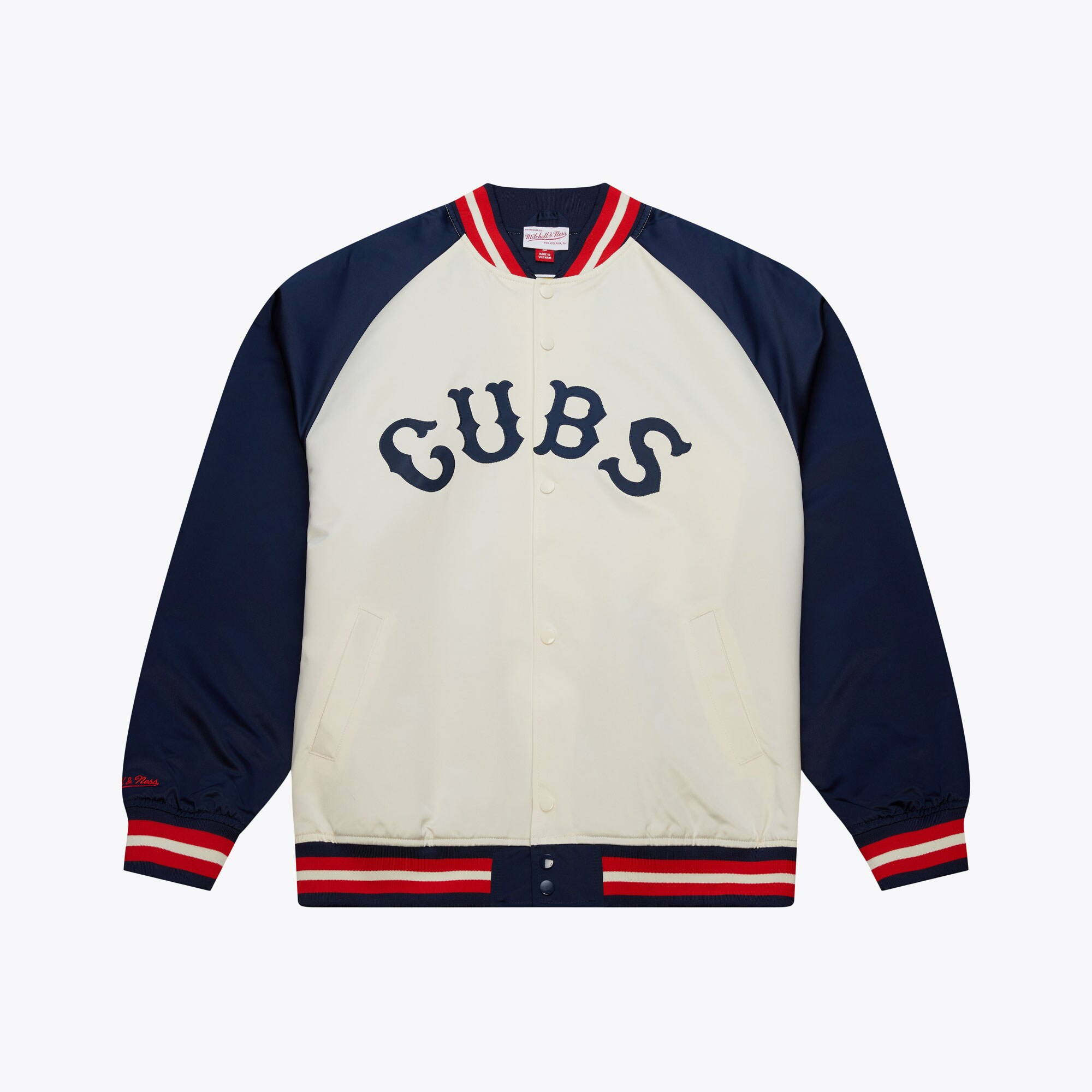 Men's  Cream Chicago Cubs Vintage Logo Double Clutch Lightweight Satin Raglan Full-Snap Jacket | Mitchell & Ness