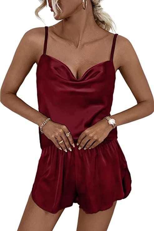 CHYRII Women's Sexy Silk Satin Cowl Neck Pajamas Sets Cami Shorts PJ Sets Lingerie | Amazon (US)