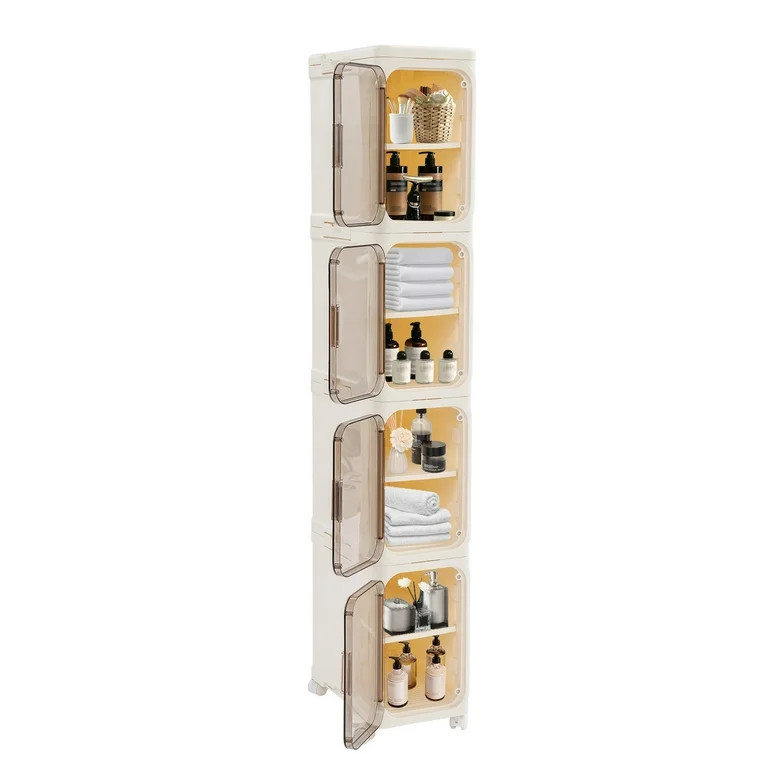 Beige 4-Tier Plastic Narrow Storage Cabinet with Movable Wheels & Doors, Tall Slim Bathroom Organ... | Walmart (US)
